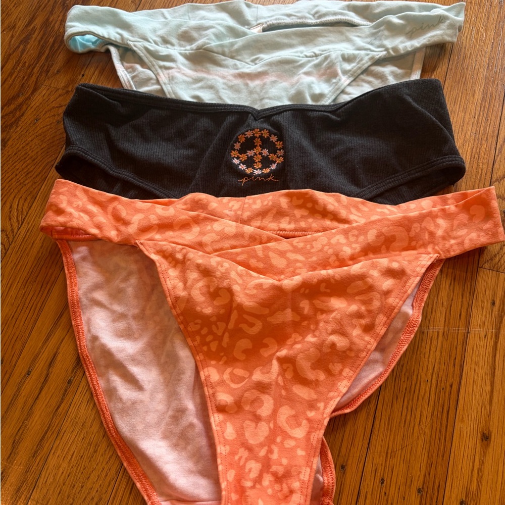 PINK Victoria's Secret Three-Pack Bikini Panties in Coral, Black & Light Blue